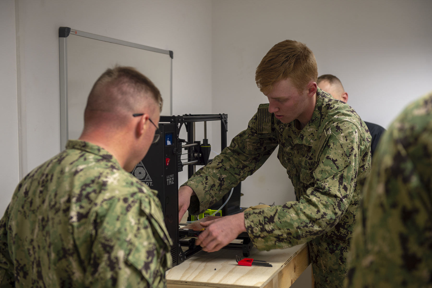 ROTA, Spain (March. 2, 2019) Seabees assigned to Naval Mobile Construction Battalion (NMCB) 133 conduct training with a 3-D printer onboard Naval Station Rota, Spain. NMCB-133 is forward deployed to execute construction, humanitarian and foreign assistance, and theater security cooperation in the U.S. 6th Fleet area of operations. (U.S. Navy photo by Mass Communication Specialist 2nd Class George M. Bell/Released)